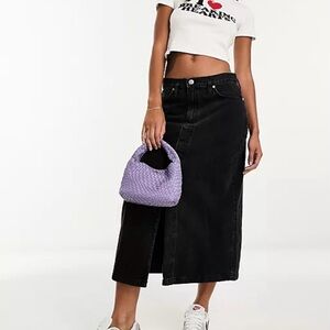 Mango front split denim midi skirt in black